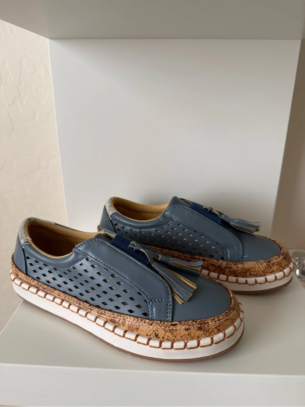Women’s Blue Perforated Tassel Platform Slip-On Shoes